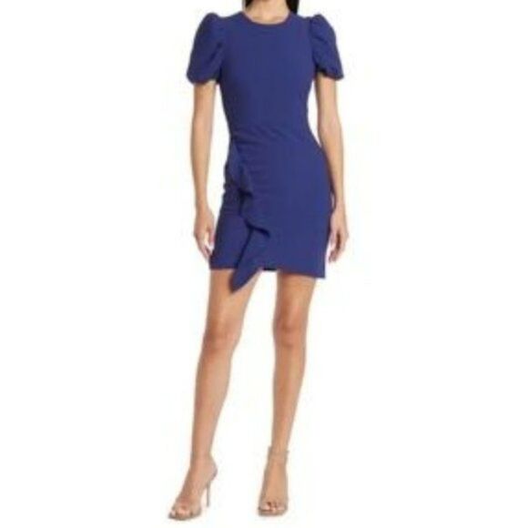 Likely x Revolve Malta Ruffle Puff Short Sleeves Mini Wedding Guest Dress Blue 2 - Picture 1 of 12